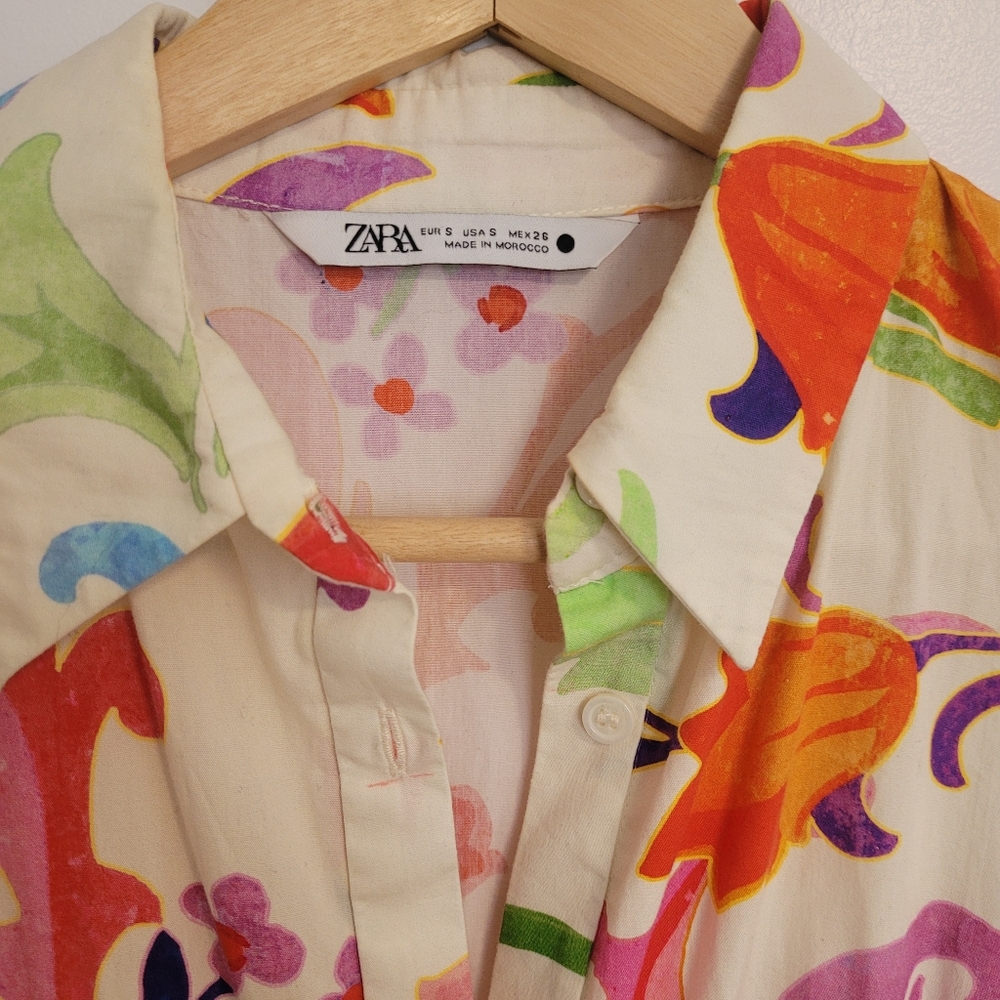 Zara Floral Midi Shirt Dress Long Sleeve Size S Tie Belt Watercolor Flowers - Picture 6 of 14